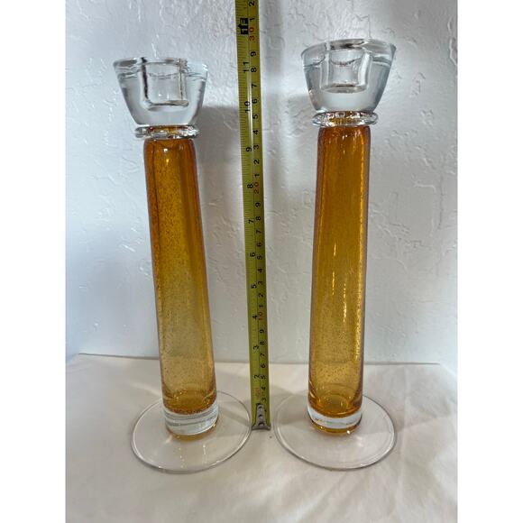 Vintage Amber Art Glass Candlesticks – Tall Bubble Glass Pair- Mid Century Style - Picture 7 of 9